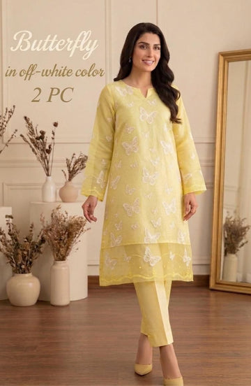Lawn butterfly 2 PC chikankari with sequins work-Lime yellow