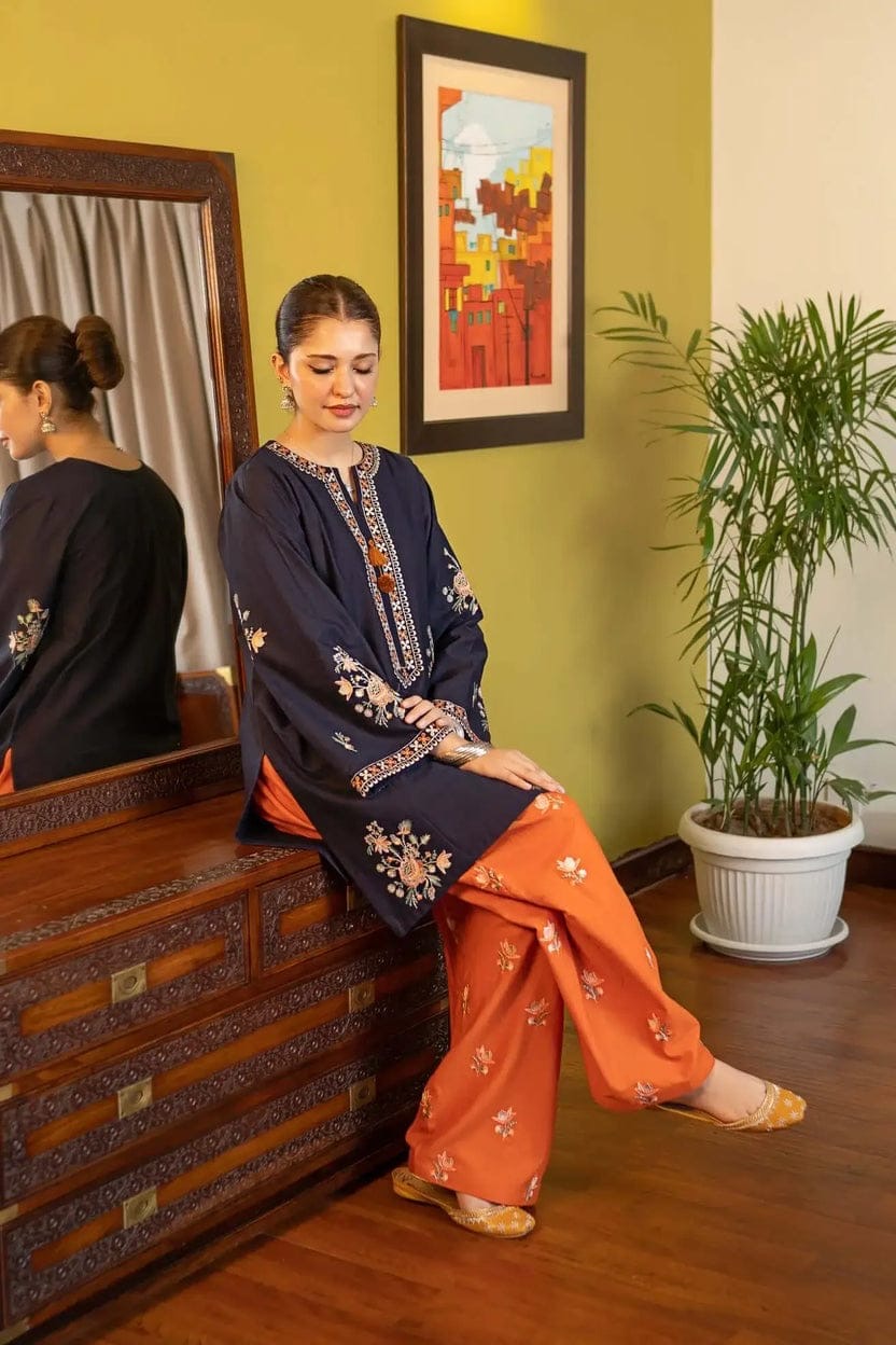 Navy Blue Lawn 2 Piece Heavy Embroidered Suit – Front, Sleeves & Rust Trouser