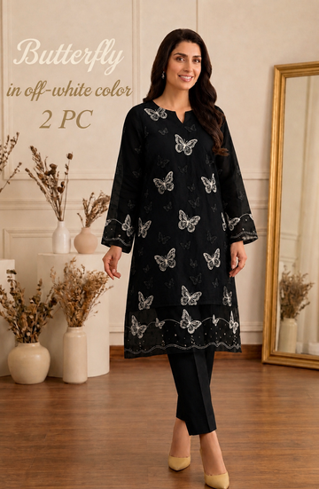 Lawn butterfly 2 PC chikankari with sequins work-Black