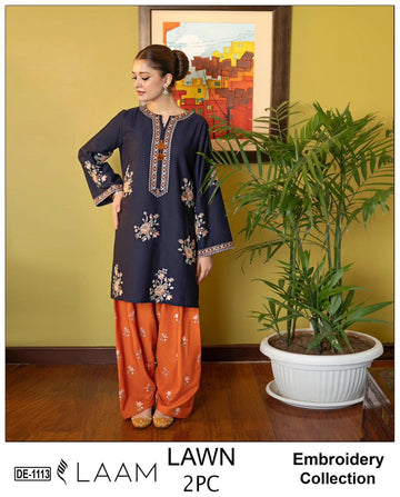 Navy Blue Lawn 2 Piece Heavy Embroidered Suit – Front, Sleeves & Rust Trouser