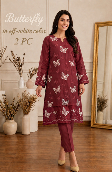 Lawn butterfly 2 PC chikankari sequins-Maroon