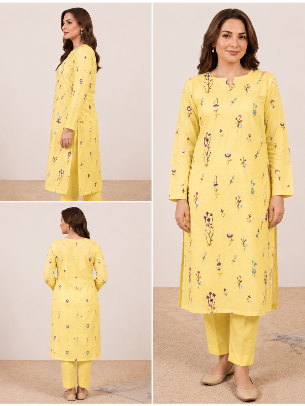 2pc Premium Pure Lawn Floral Embroidered-Lime yellow