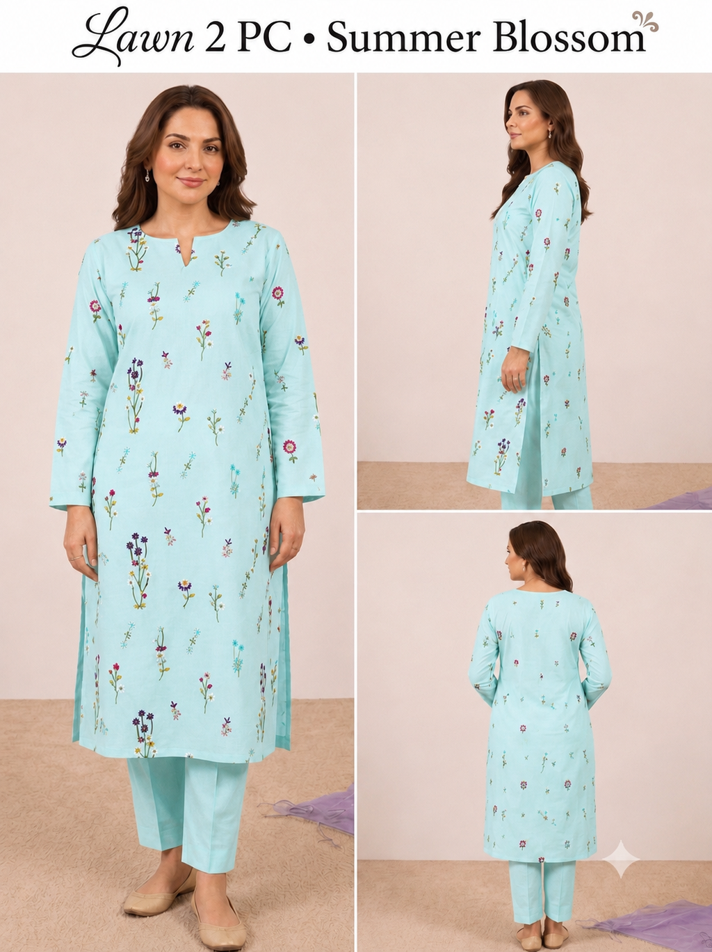 2pc Lawn Floral Embroidered-Sky Blue