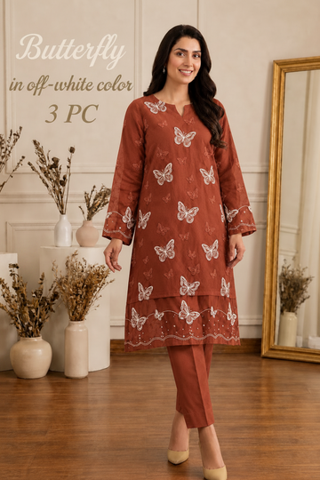 Lawn butterfly 2 PC chikankari with sequins work-RUST