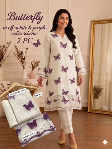 Lawn butterfly 2 PC chikankari with sequins work-Egg White