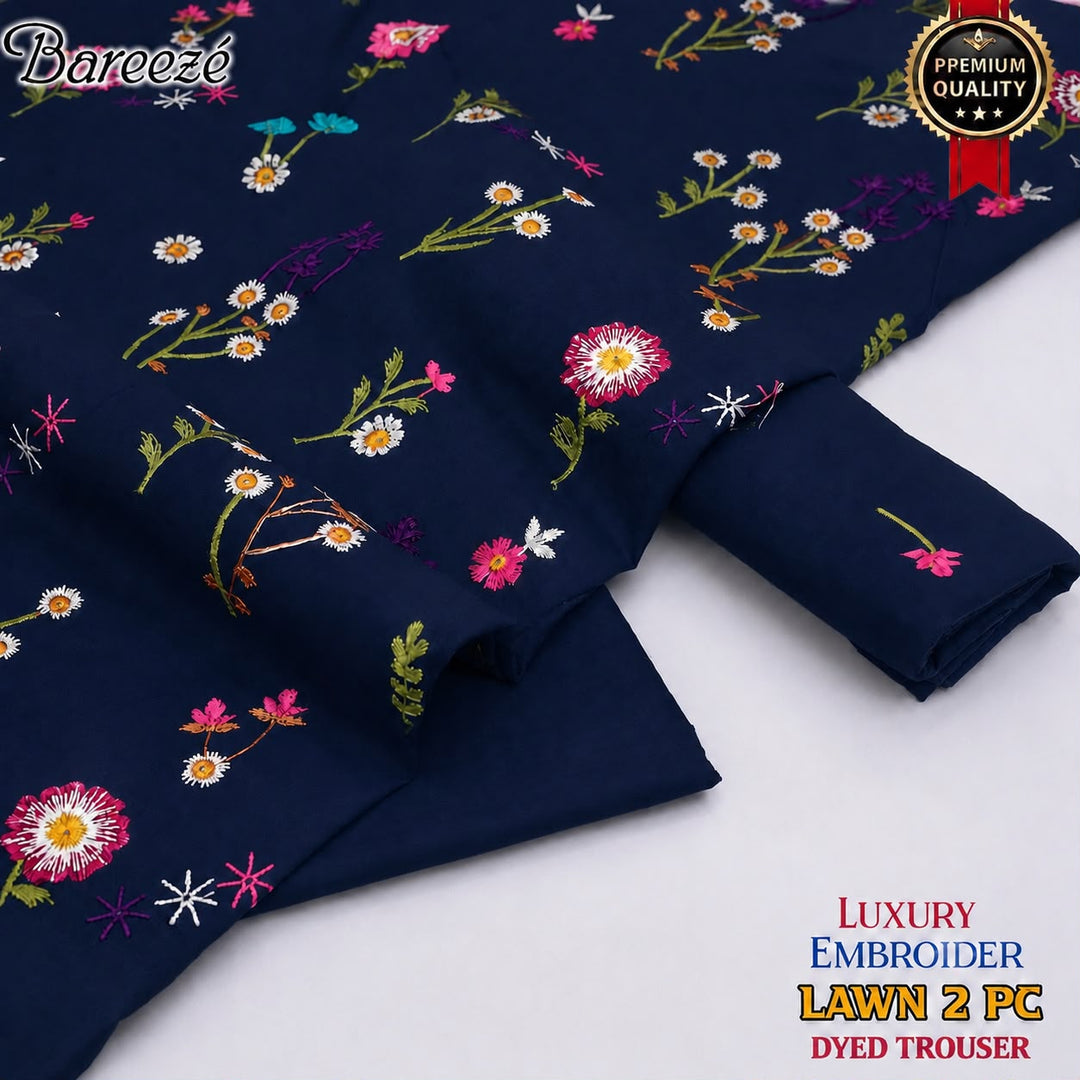 2PC PREMIUM PURE LAWN FLORAL EMBROIDERED-Navy Blue