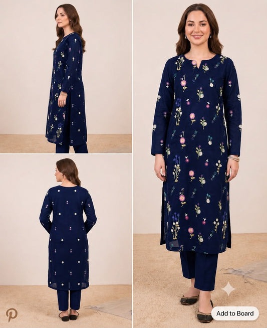 2PC PREMIUM PURE LAWN FLORAL EMBROIDERED-Navy Blue