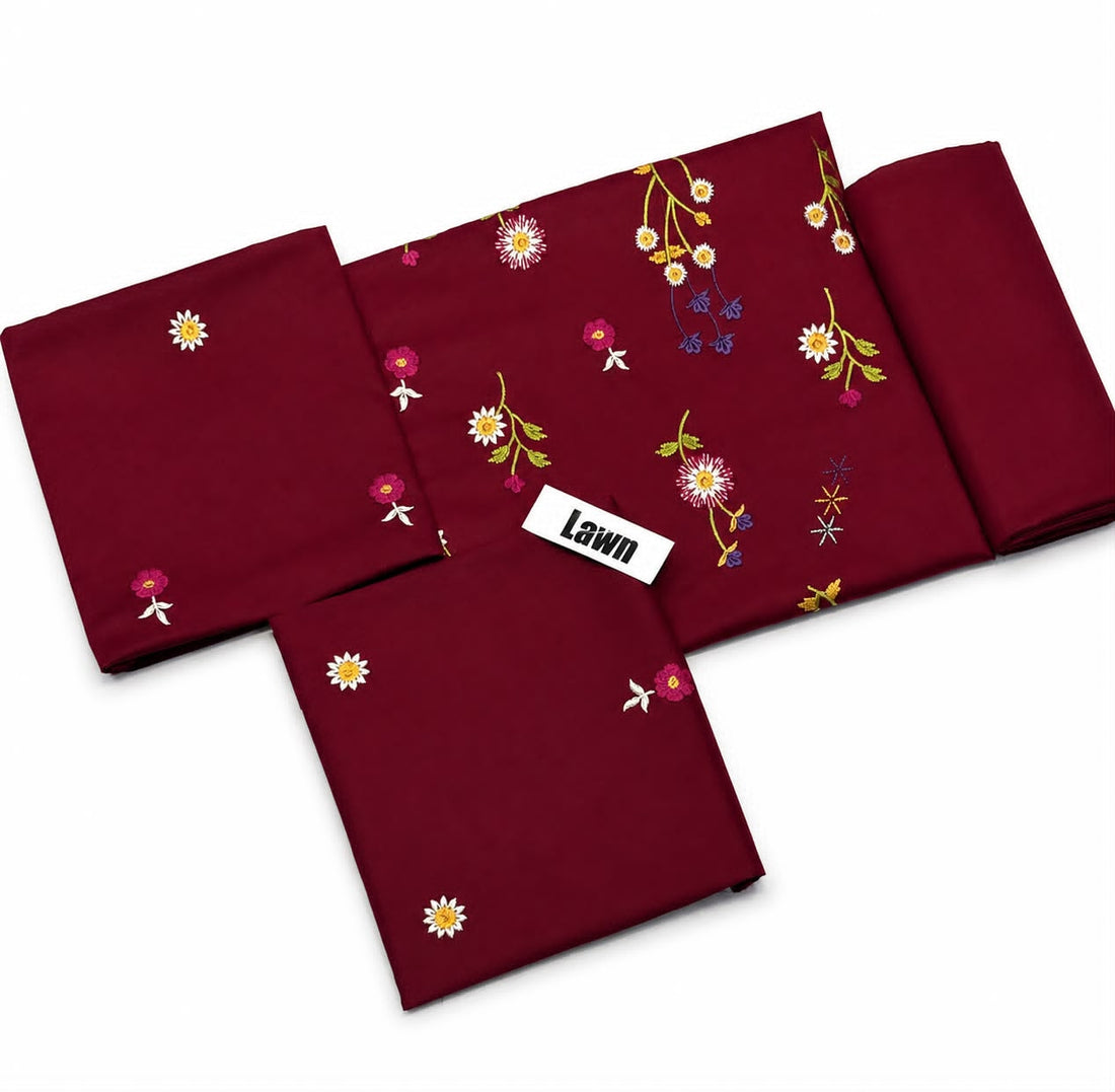 2pc Lawn Floral Embroidered-Maroon