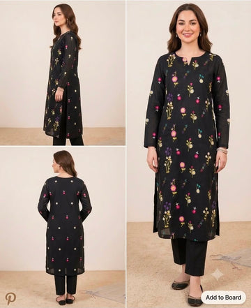 2pc Premium Pure Lawn Floral Embroidered- Black