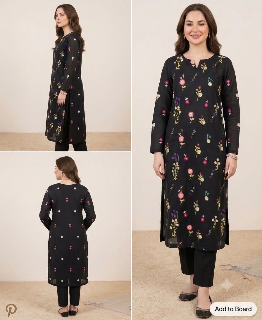2pc Premium Pure Lawn Floral Embroidered- Black