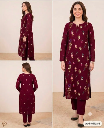 2pc Lawn Floral Embroidered-Maroon